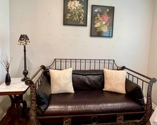 HEAVY WROUGHT IRON COUCH WITH LEATHER CUSHIONS, ANTIQUE MARBLE TOP ACCENT TABLE, PORCUPINE QUILL LAMPSHADE, VERY PRETTY FRAMED BOTANICAL PRINTS
