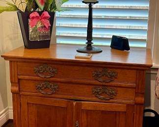 ANTIQUE DRESSER-DOOR NEEDS REPAIR, TORCH STYLE LAMP