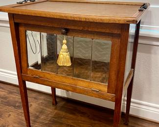 ANTIQUE SERVING/TEA CABINET WITH SERVING TRAY WITH BEVELED GLASS