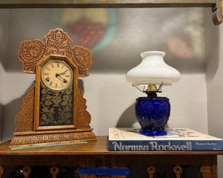 ANTIQUE GINGERBREAD CLOCK, SCOVILL MFG CO. COBALT BLUE LAMP WITH MILK GLASS SHADE