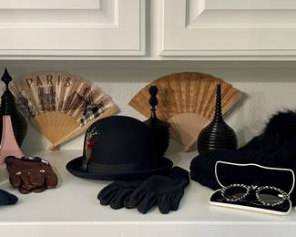 MAKENZIE CHILDS CHEATER GLASSES IN CASE, BIONIC LEATHER GLOVES, AFRICAN EBONY WOOD VESSELS HANDCRAFTED BY MOZAMBICAN ARTISTS, CONNER HANDMADE HAT