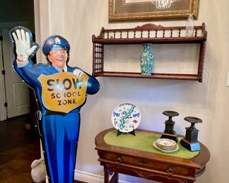 VINTAGE COCA-COLA POLICE CROSSING GUARD, “FAMILIES ARE FOREVER” FRAMED NEEDLEPOINT, VICTORIAN BURL SEWING TABLE