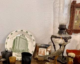 SHAMROCK HILTON COLLECTOR’S PLATE, HORN DECOR ACCESSORIES, HORN CARVED BIRD FIGURINE, ANTIQUE BOMBAY KEROSENE EDWARDIAN STYLE GOTHIC GARGOYLE CUT CRYSTAL HURRICANE OIL LAMP
