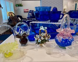 FENTON YELLOW HOBNAIL OPALESCENT URANIUM BASKET, NUOVA CAPODIMONTE BASKET, HANDBLOWN ART GLASS BASKETS, VINTAGE COBALT BLUE MEASURING CUPS/JUICER, ANCHOR HOCKING BLUE CASSEROLE DISHES