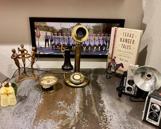 VINTAGE BRASS CANDLESTICK TELEPHONE, MADE IN ITALY ART SCULPTURE , VINTAGE ARGUS & KODAK DUALFLEX II CAMERA