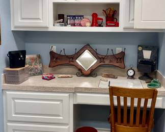 OAK DESK CHAIR, ANTIQUE WALL COAT RACK WITH BEVELED MIRROR