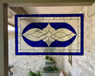 GORGEOUS BLUE TO CLEAR LEADED/STAINED GLASS WINDOW/HANGING