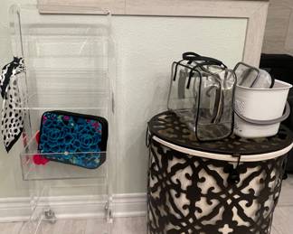 LUCITE CADDY ON WHEELS, METAL LAUNDRY BASKET WITH LINER
