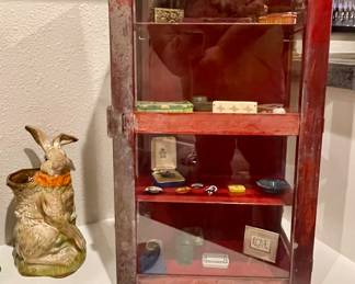 ANTIQUE RED METAL GLASS DISPLAY CABINET