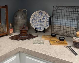 VINTAGE PARIS GARTERS GLASS ADVERTISING DISPLAY PIECE , ANTIQUE APOTHECARY BOTTLES, ANTIQUE HANDCARVED INKWELL STAND, STONEWARE JUG