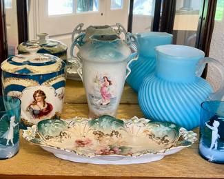 BLUE STATIN SWIRL PITCHER, HANDBLOWN TURQUOISE BLUE HAND PAINTED GLASS FLOWERS BUTTERFLIES GLASSES SET, MADE EXCLUSIVELY FOR MARSHALL FIELD & CO. BISCUIT JAR