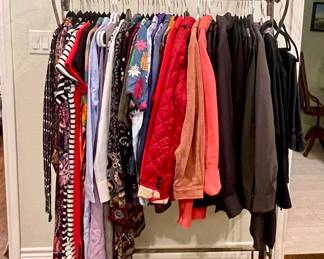 WROUGHT IRON CLOTHES RACK, SPANX JEANS NWT, J CREW, ANNE KLEIN, SAVANNA JANE, JANSKA, CHICOS, JOHN MARK, BURBERRY NWT, JOHNNY WAS, BAGATELLE, FLAX, WINTON & WAITS, HINSON WU, JULIA JORDAN & MORE! EXCELLENT CONDITION-SIZES ARE L TO XL -MANY STILL HAVE TAGS
