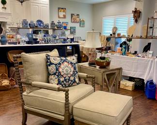 UPHOLSTERED SPINDLE CHAIR WITH OTTOMAN, DECORATOR PILLOW, DROP-LEAF PAINTED SIDE/ACCENT TABLE, ASIAN MOTIF DECORATOR LAMP