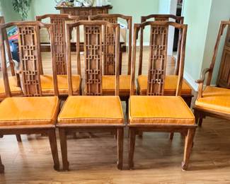 SOLD. Set of 8 Century Furniture Fretwork Dining Chairs. Original upholstery. 2 arm and 6 side
Dimensions: Arm chairs: 23.75”w x 19”d x 40.25”h
Seat: 20.5”w x 16”d 18”h seat to ground
24.5”h. Arm to ground
Side chairs 19”w x 17.5”d x 40”h.
Seat: 17.5”w x 14.5”d x 18”h seat to ground.
