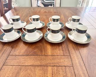 Royal Doulton Carlyle Pattern demitasse cups and saucers. Set of 8.
Dimensions: Demitasse cups 3”w x 2”d x 2.5”h
Demitasse cup plate 5”w