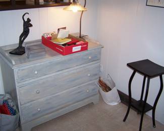 PAINTED CHEST, PLANT STAND, FIGURINE & MISC.