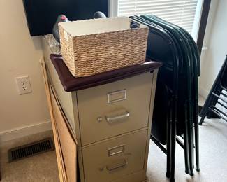 Filing cabinet, folding chairs, basket, and brief case