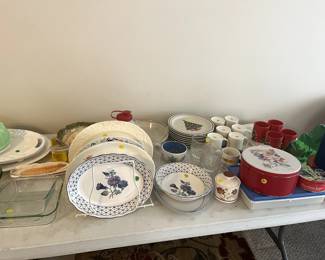Christmas dishes, newer Pyrex dishes, platters