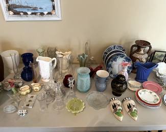 Large collection of glassware including cobalt blue, wall pockets, Grecian urn and others