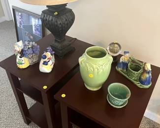 End tables, McCoy vase and flower pot. Dutch girl flower pots, Shawnee pottery boy and girl at well
