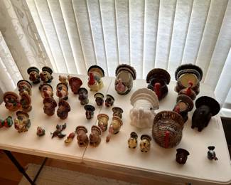 Large collection of turkeys - some compotes, some flower pots, some salt and pepper shakers and some figurines - vintage made in Japan and newer additions