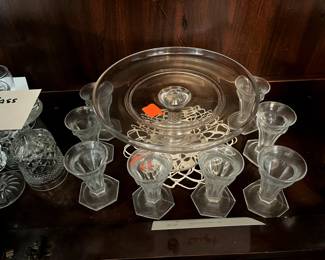Set of eight - small goblets, cake stand, hand crocheted doily
