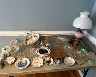 Opalescent plates more glassware, salt and pepper shakers, decorative plates