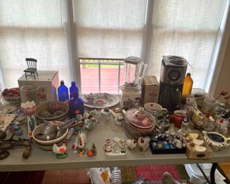 Lots of smalls - knickknacks, lusterware, rooster and hen salt and pepper shakers and more