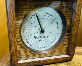 Vintage Jim Mofhitz What Day of the Week solid oak clock