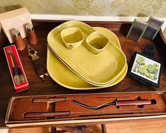 MCM items:
Beautiful chartreuse Russel Wright platters , teak salt/pepper shakers,