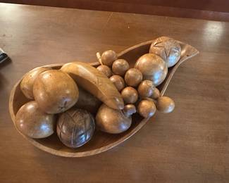 Dolphin genuine monkey pod hand crafted wood leaf tray with wooden fruit