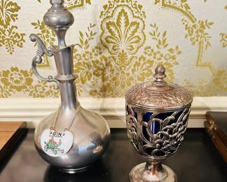 Silver plate, pedestal, candy dish, glass cobalt blue removable insert