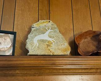 Framed slice of agate, etched deer on stone, burl bowl