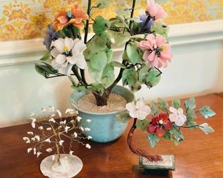 Chinese bonsai tree, jade stone floral multicolored glass flowers