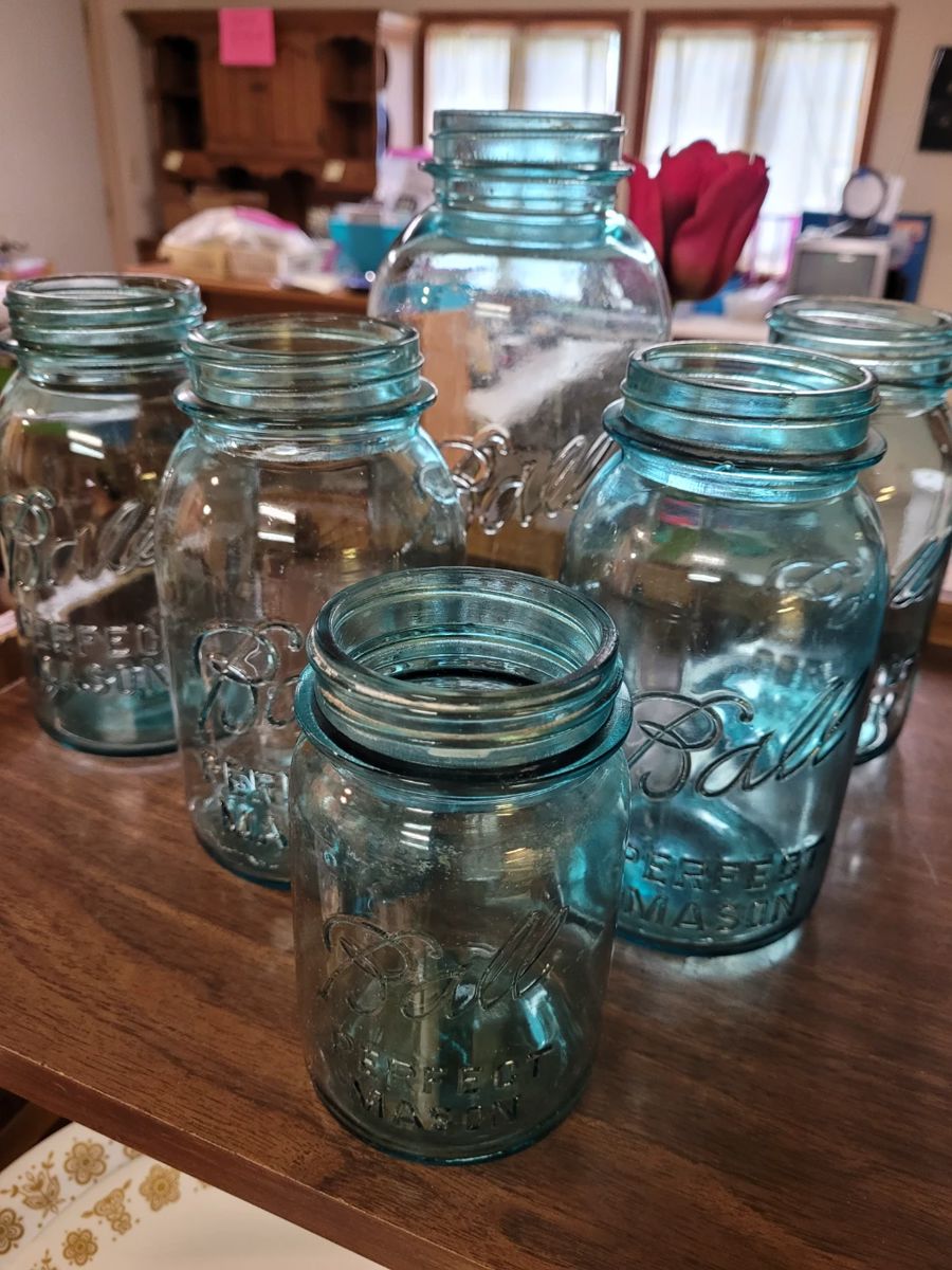 A Sampling of the Many, Many, Beautiful Classic Blue Ball Canning Jars. Great Condition. Great for Display, Crafts or Canning