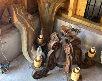 Wood carved corbels and hanging antique light 