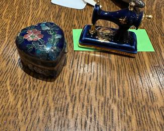 Tiny cloisonné heart shaped box, tiny cobalt blue Limoges sewing machine.
