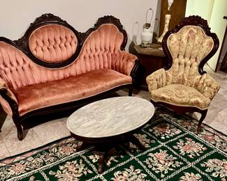 Victorian Sofa , Chair And Marble Top Table