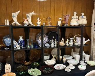 Blue and White, Cookie Jars, Milk Glass, Colored Glass, Figurines, etc.