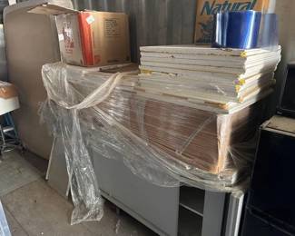 4020  Rolling Counter, Ceiling Tiles, Box of Clothes 