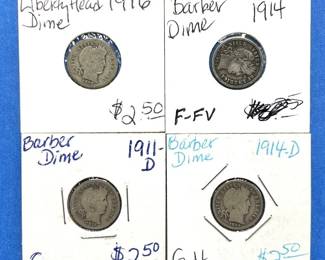 4-Piece Barber & Liberty Head Dime Lot – 1911-D to 1916