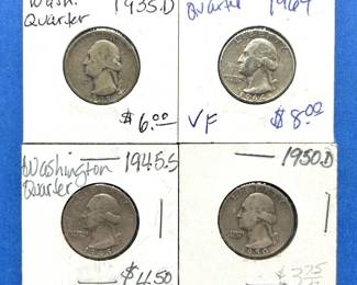 4-Piece Washington Silver Quarter Lot – 1935-D, 1945-S, 1950-D, 1964 – Mixed Grades