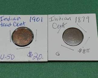 1901 Indianhead Cent AU50 & 1879 Indianhead Cent Good