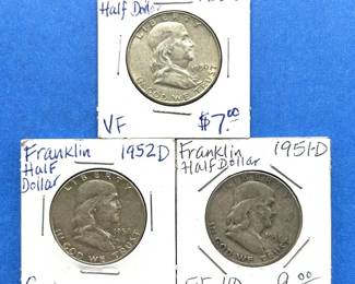 3-Piece Franklin Half Dollar Lot – 1950-D, 1951-D, 1952-D – Good to EF-40