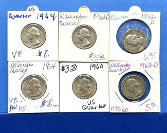 7-Piece Washington Silver Quarter Lot – 1960, 1962-D (2x), 1963-D, 1964, 1964 VF – Mixed Grades
