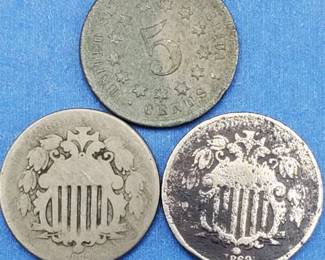 (3) Shield Nickels--(2) 1867 w/o Rays & (1) 1869