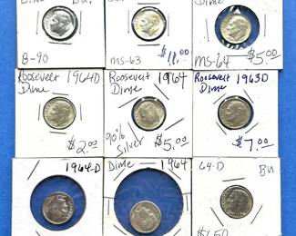 9-Piece Roosevelt Dime Lot – 1962 to 1964-D – MS & BU – 90% Silver