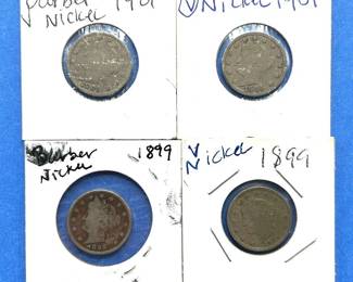 4-Piece Liberty "V" Nickel Lot – 1899 to 1901 – Barber Style
