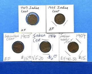 5-Piece Indian Cent Lot – 1904 to 1907