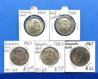 5-Piece Kennedy Half Dollar Lot – 1966, 1967 (2x), 1968-D, 1969 – 40% Silver